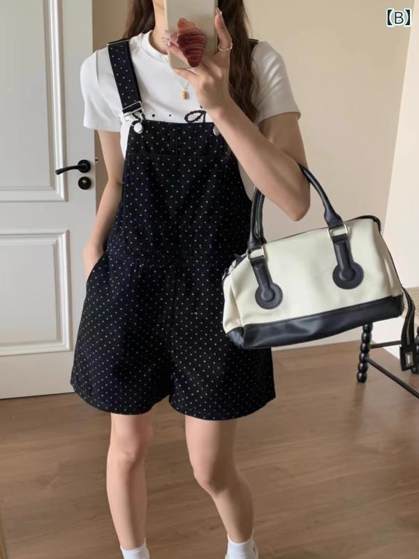 サロペット ショート丈 パンツ レディース オーバーオール つなぎ デニム 夏 水玉 ドット ワイド ホワイト ブラック ブルー