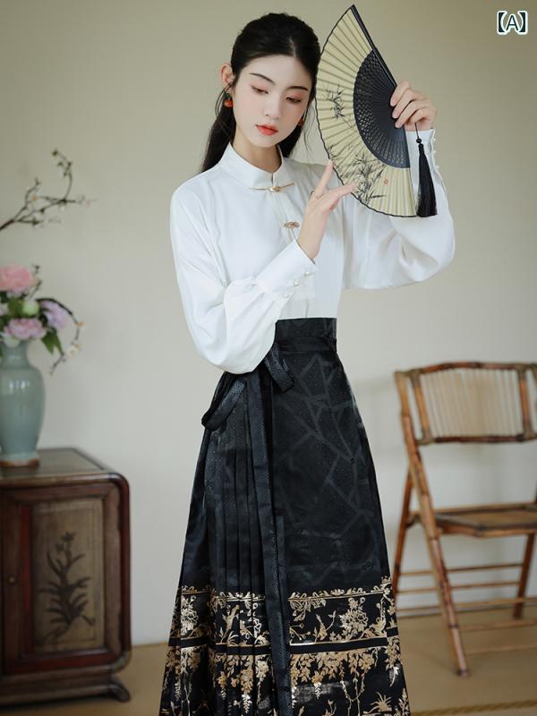 レディース ファッション チャイナ風 漢服 花柄 織り ゴールド サテン ジャカード 黒 スカート 女性用 スーツ 通勤 長袖 春秋 トップス ロング セットアップ ツーピース