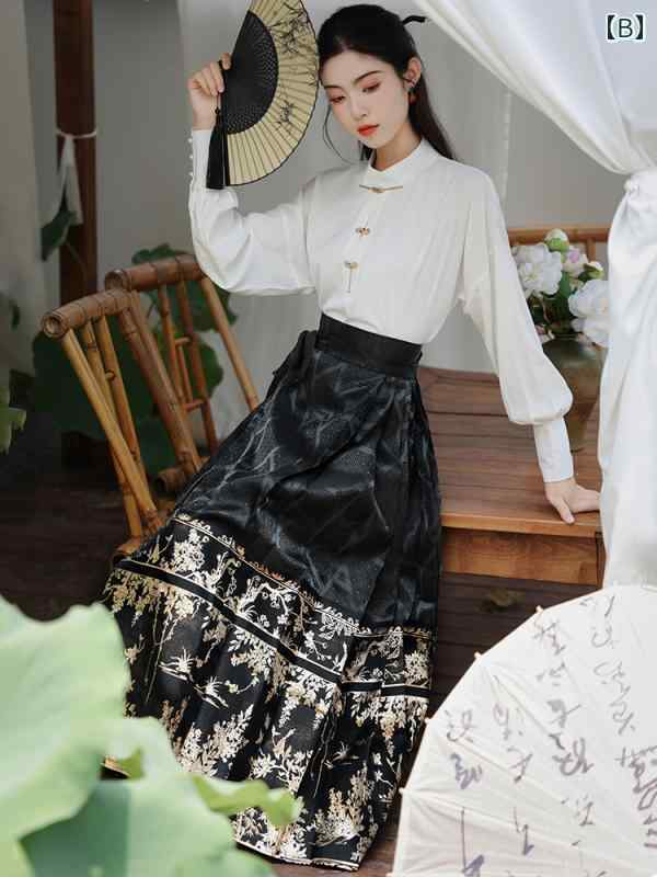 レディース ファッション チャイナ風 漢服 花柄 織り ゴールド サテン ジャカード 黒 スカート 女性用 スーツ 通勤 長袖 春秋 トップス ロング セットアップ ツーピース