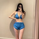ビキニ レディース水着 ショートパンツ ホルターネック 胸パッド有り ワイヤー無し 海 プール リゾート 旅行 レジャー シンプル セクシー 青 無地(4)