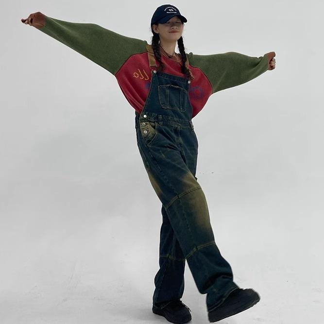 デニム オーバーオール サロペット アメリカン レトロ 春夏 ヴィンテージウォッシュ ジャンプスーツ サ..