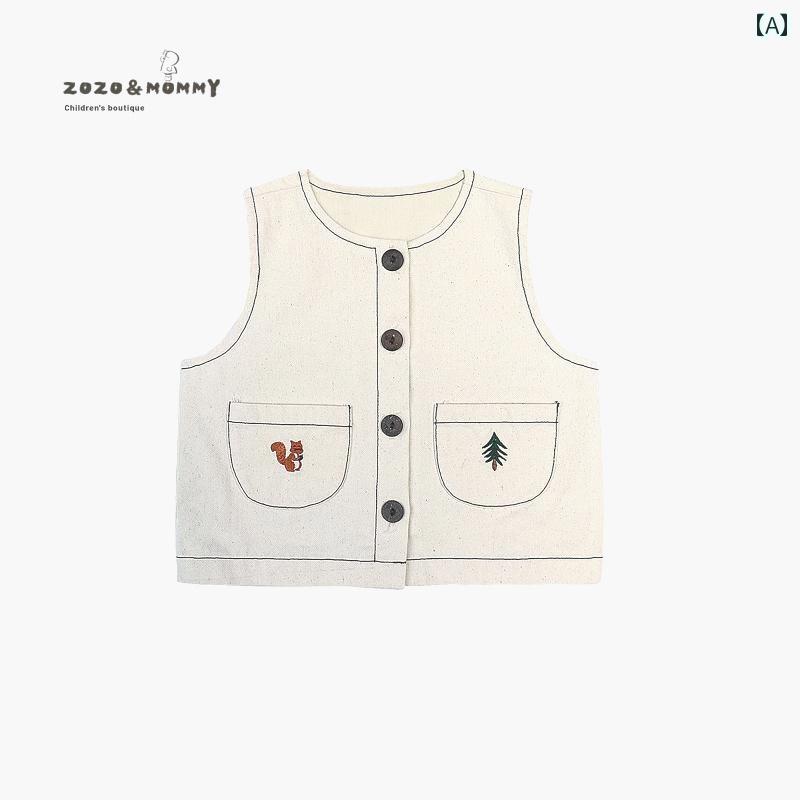 デニム ベスト キッズ 男の子 女の子 子供服 ノースリーブ ジャケット Gジャン レトロ 刺繍 秋 ホワイト ブルー 韓国