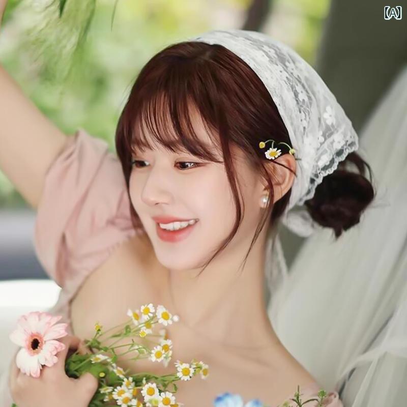 スカーフ レース 三角 頭巾 ヘアバンド レディース 春夏 韓国 かわいい ガーリー 小花柄 パッチワーク ..