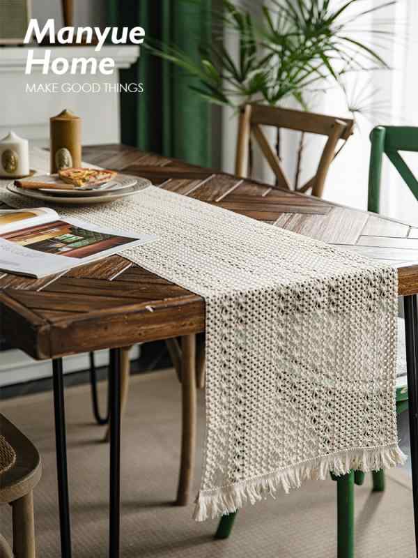 テーブルランナー オシャレ 編み レトロ 綿 リネン ベージュ パーティー デコレーション 織 フリンジ 断熱 ロング マット テーブルコーディネート