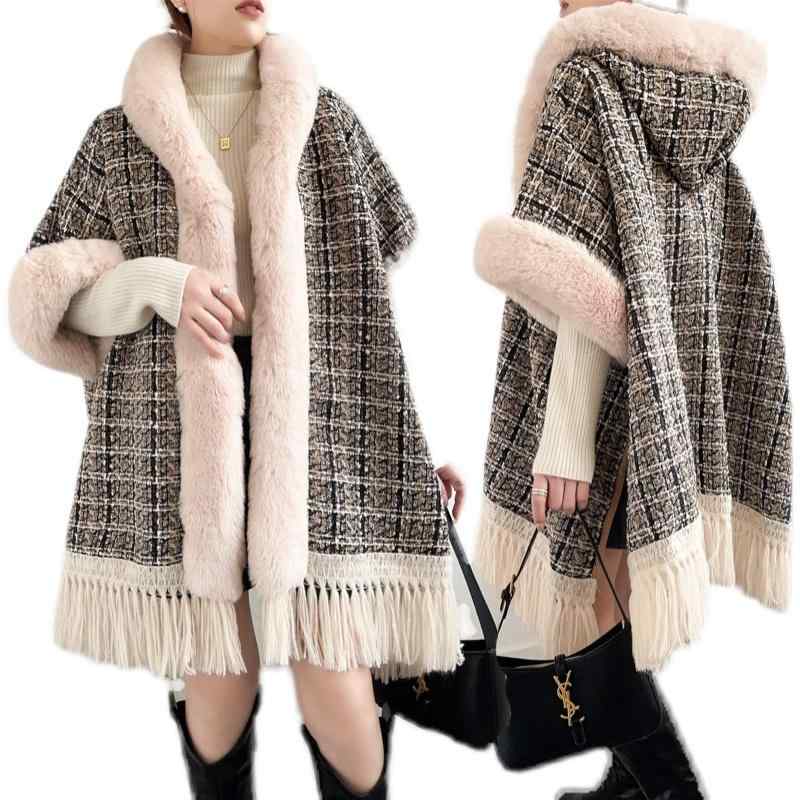 ポンチョ コート 冬 レディース マント ケープ ショール 羽織り 厚手 ゆったり フェイクファー ふわふわ 暖かい おしゃれ ウール 韓国 チェック フリンジ 黒