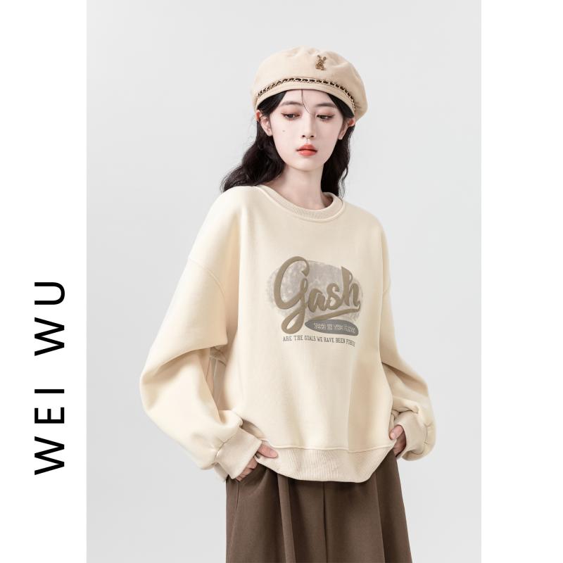 レディース ラウンドネック ベルベット 厚手 スウェットシャツ 秋冬 カジュアル 英字プリント プリントプルオーバー 長袖 トップス 暖かい