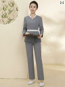 エステ ユニフォーム 9分袖 秋冬 制服 サロン 技術者 作業服 レディース 緑 グレー Vネック ウエストマーク 速乾 ストレッチ パンツ 上下セット 大きいサイズ おしゃれ