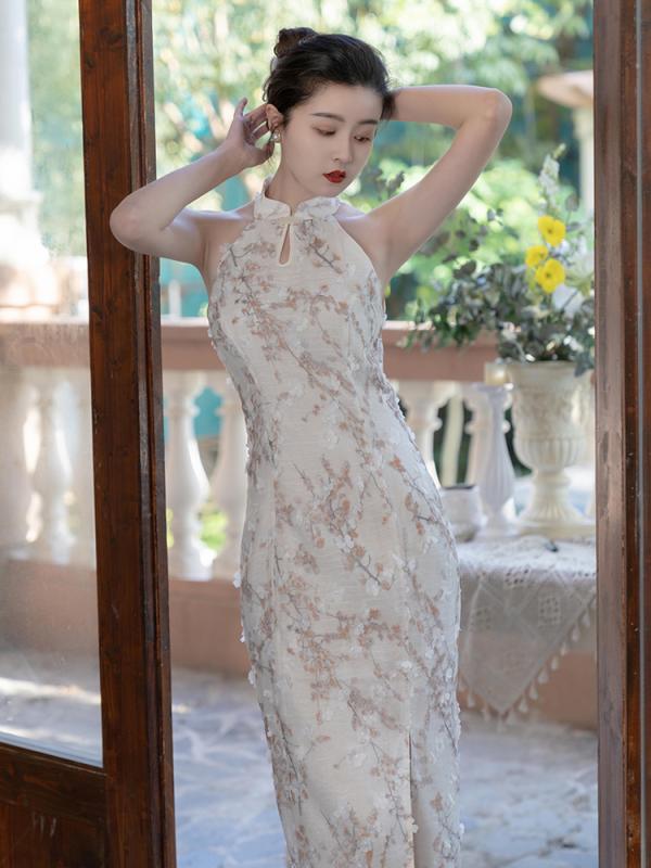 レディース ワンピース ドレス 文学的 レトロ 牧歌的 フリル シフォン 春夏 チャイナドレス 中国 ホルターネック 花柄