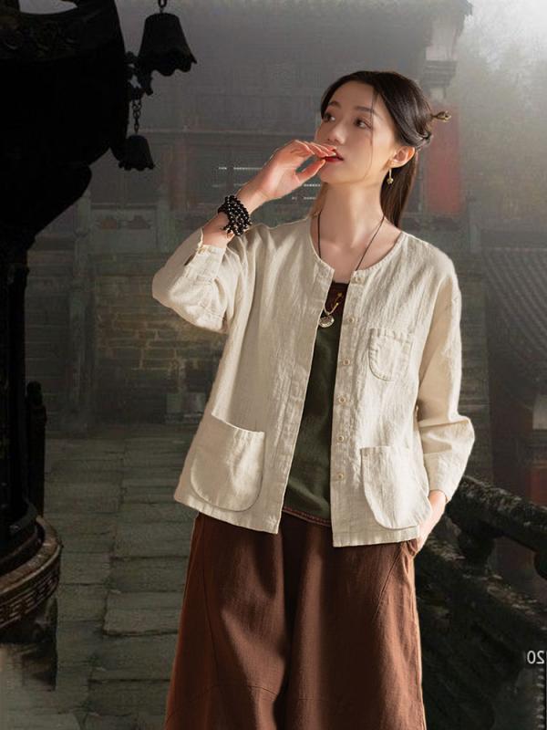 レディース チャイナ風 リネン トップスジャケット 楽ちん ゆったり 瞑想服 春夏 中国 綿 リネン トップス 禅 瞑想 服 仏教 礼拝 禅 私服