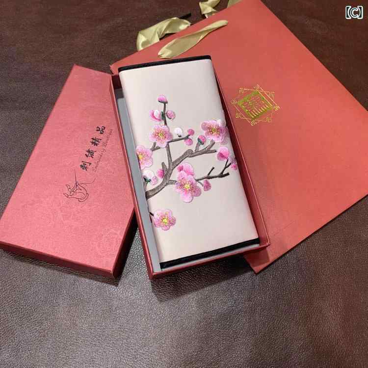 刺繍 長財布 レディース 中国 民族 レトロ 横型 海外 ギフト 梅 牡丹 パープル グリーン ピンク