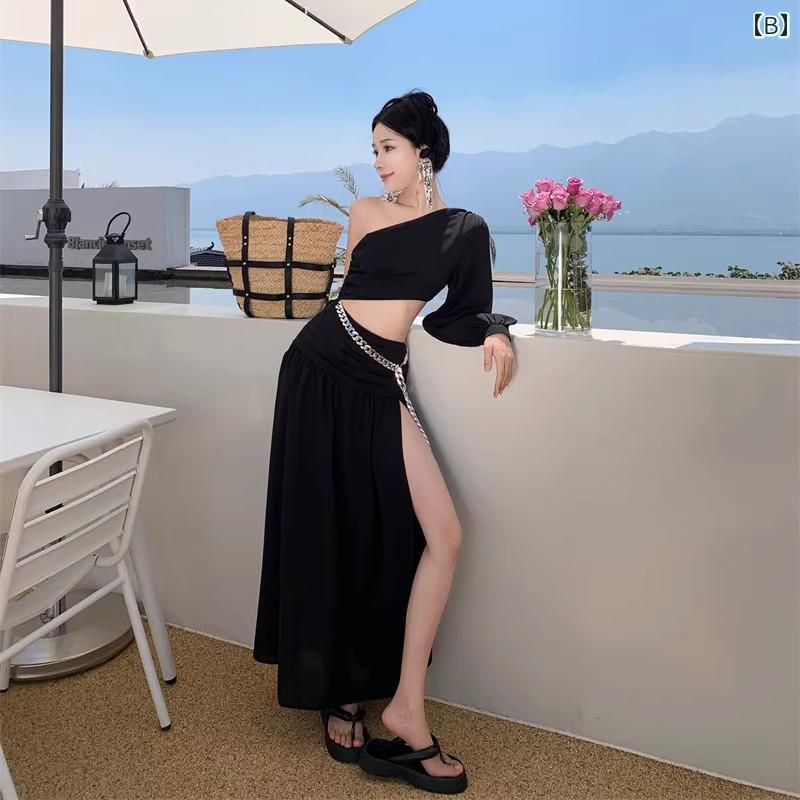 レディース Aライン 花柄シフォンフレア ワンピース ロングスリット ドレス お腹見せ 細見え くびれ 変形 個性 旅行 リゾート パーティー イベント フェス デート 女子会 セレモニー 夜 上品 映え 衣装 アップ
