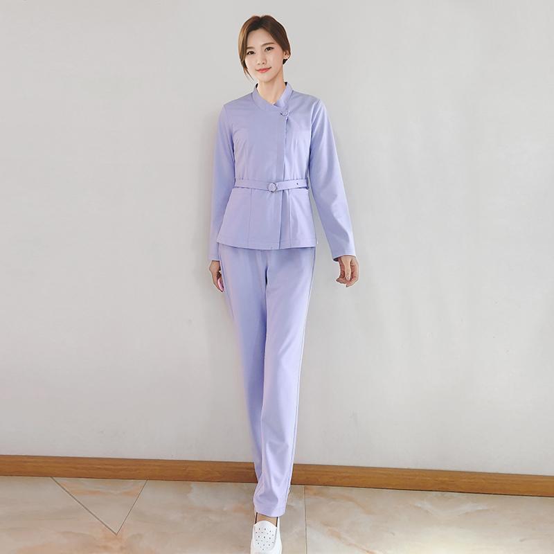 クリニック 制服 介護 リハビリ ユニフォーム 韓国 秋冬 スプリット セット 長袖 歯科 美容 大きいサイズ おしゃれ シンプル パープル ネイル エステ サロン 作業着