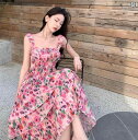 レディース Aライン 花柄フリルシフォンケーキ ワンピース フレアスカート ロングドレス 背中見せ ウエスト 細見え くびれ パーティー イベント フェス 結婚式 デート 女子会 リゾート ディナー 夜 映え かわいい 美シルエット