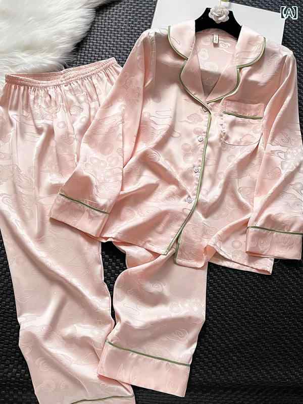 パジャマ レディース ルームウェア 春秋 長袖 シルク エレガント ホームウェア スプリット ツーピース スーツ ピンク