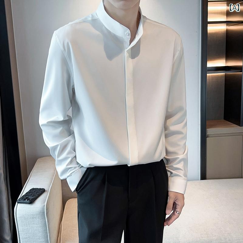 メンズ トップス 紳士服 シャツ スタンドカラー 長袖 ビジネス カジュアル アイロン不要 スリムフィット