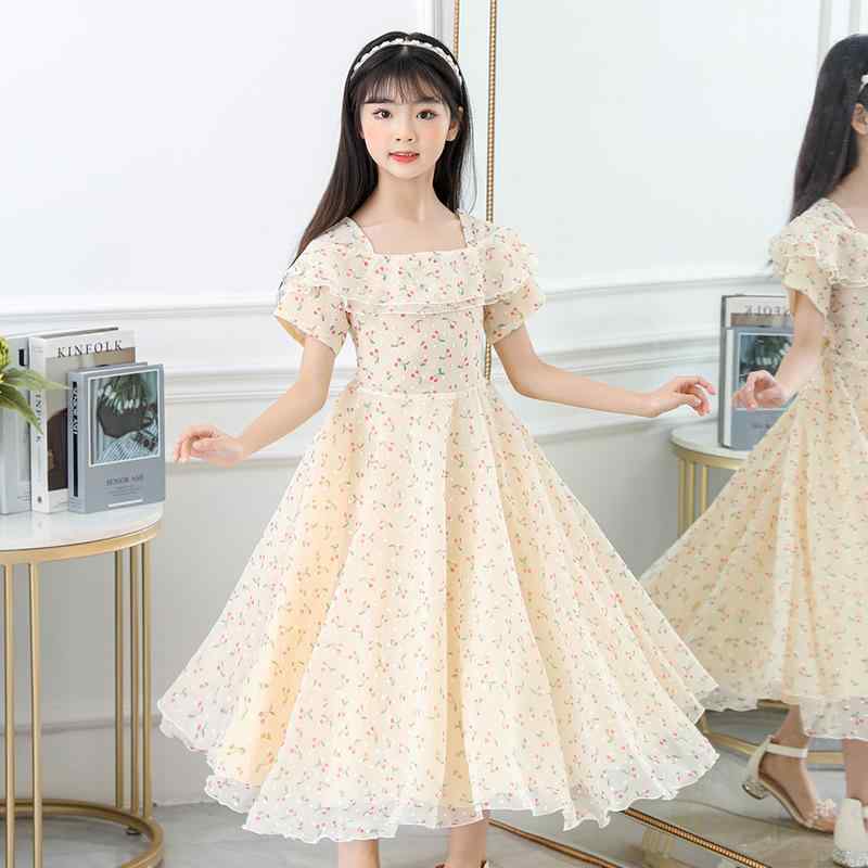 ワンピース 女の子 夏 リゾート 小花柄 パフスリーブ シフォン 韓国ファッション 着回し Aライン ポリエステル 普段使い お出かけ かわいい ふんわり シャンパン ピンク