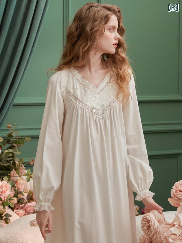 ネグリジェ パジャマ レディース 宮廷風 長袖 レース ワンピース ドレス シンプルフレンチ 上品 ルーム ナイト ホームウェア