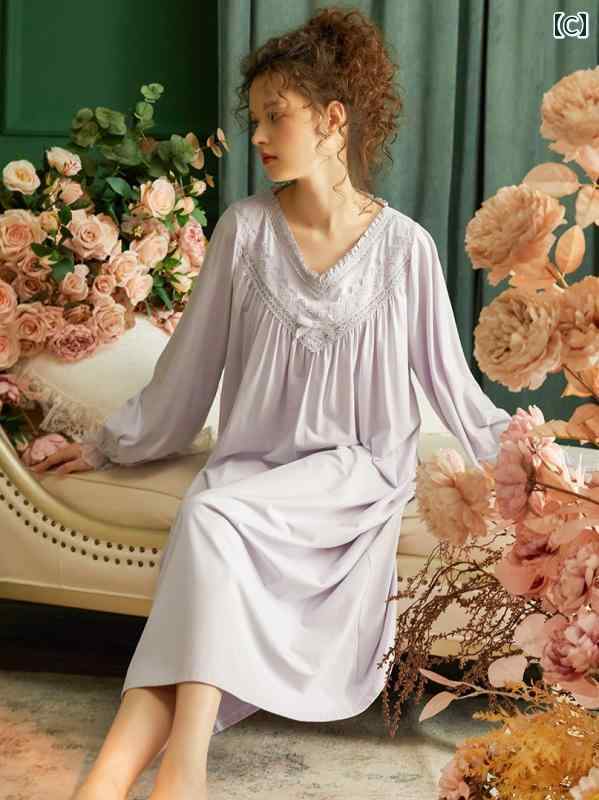 ネグリジェ パジャマ レディース 宮廷風 長袖 レース ワンピース ドレス シンプルフレンチ 上品 ルーム ナイト ホームウェア