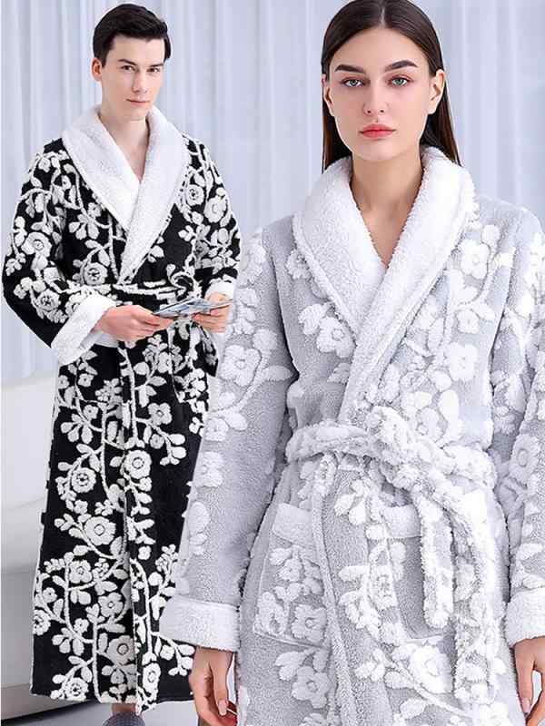 バスローブ レディース メンズ ガウン ルームウェア おしゃれ 花柄 秋冬 厚手 ロング パジャマ 大きいサイズ グレー イエロー グリーン