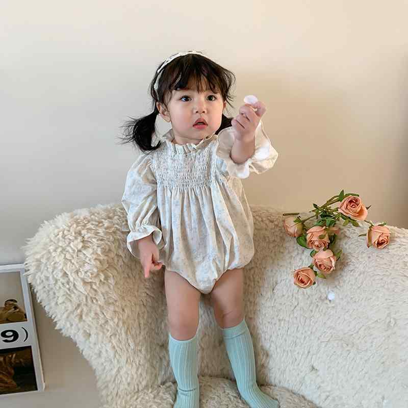 ロンパース ベビー 女児 子供 ワンピース風 プリンセスドレス 長袖 綿 コットン 肌に優しい 春夏 ブルー 小花柄 お出かけ 普段使い かわいい ロング丈 カジュアル