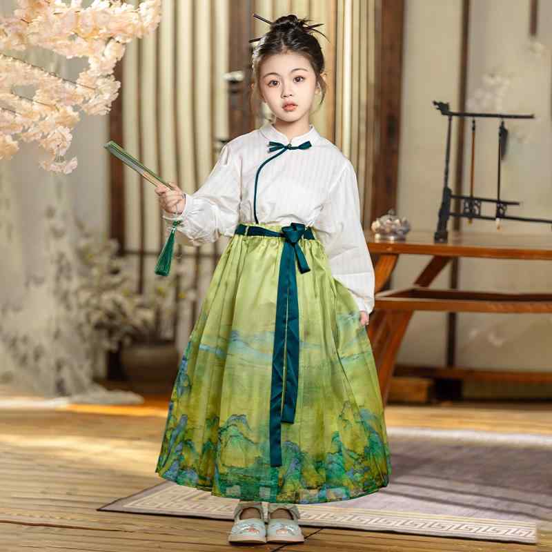 楽天way-ugoキッズ 子供服 女の子 おしゃれ かわいい 春秋 スカート 民族風 レトロ 衣装 漢服 コスプレ セット ガールズ グリーン 長袖 シフォン