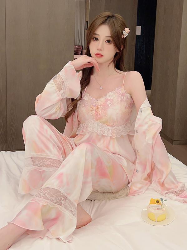 レディース パジャマ 春夏秋 上品 セクシー かわいい レース 胸パッド付き 冷感 キャミ 華奢 魅惑的 シルク ホームウェア 3ピースセット
