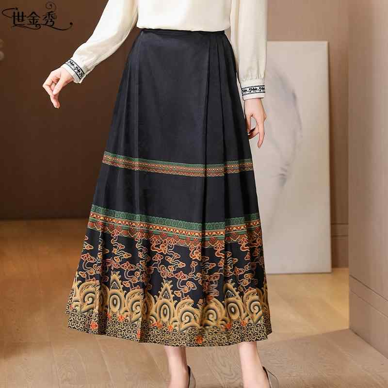 レディース ファッション レトロ プリント 春夏 女性向け チャイナ風 馬 面 Aライン スカート ハイウエスト ミモレ丈 大きいサイズ ブラック 高級感 若返り