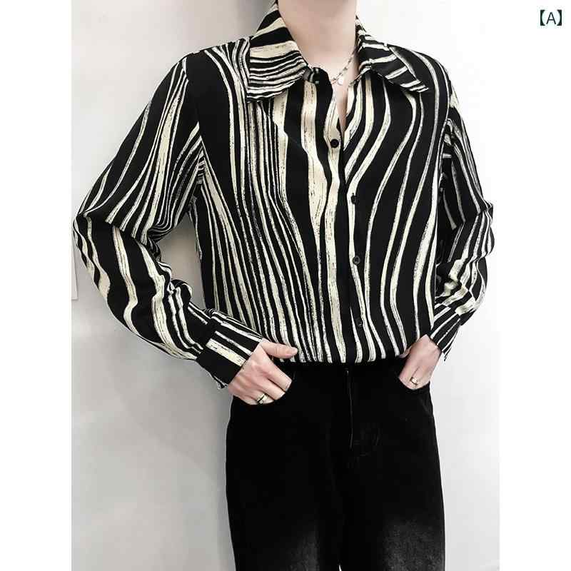 メンズ おしゃれ着 春夏 フランス 高級感 シャツ ゼブラ ストライプシャツ シフォン 肩パッド トップス オールシーズン ゆったり