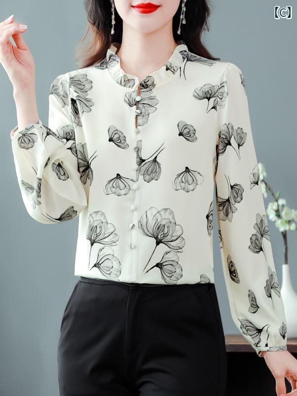 シャツ ブラウス シフォン 大きいサイズ 長袖 春 アーバン ノーブル スタイリッシュ ショッピング 通勤 通学 レディース