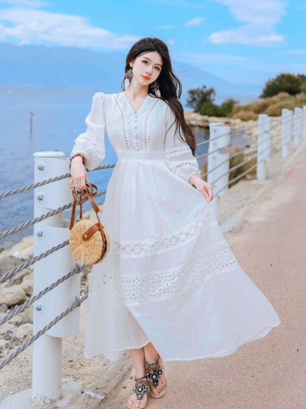 ファッション ドレス ワンピース トップス ロング スカート エスニック 女性 スリム エレガント レース 春秋 レディース リゾート トラベル 写真撮影 衣装