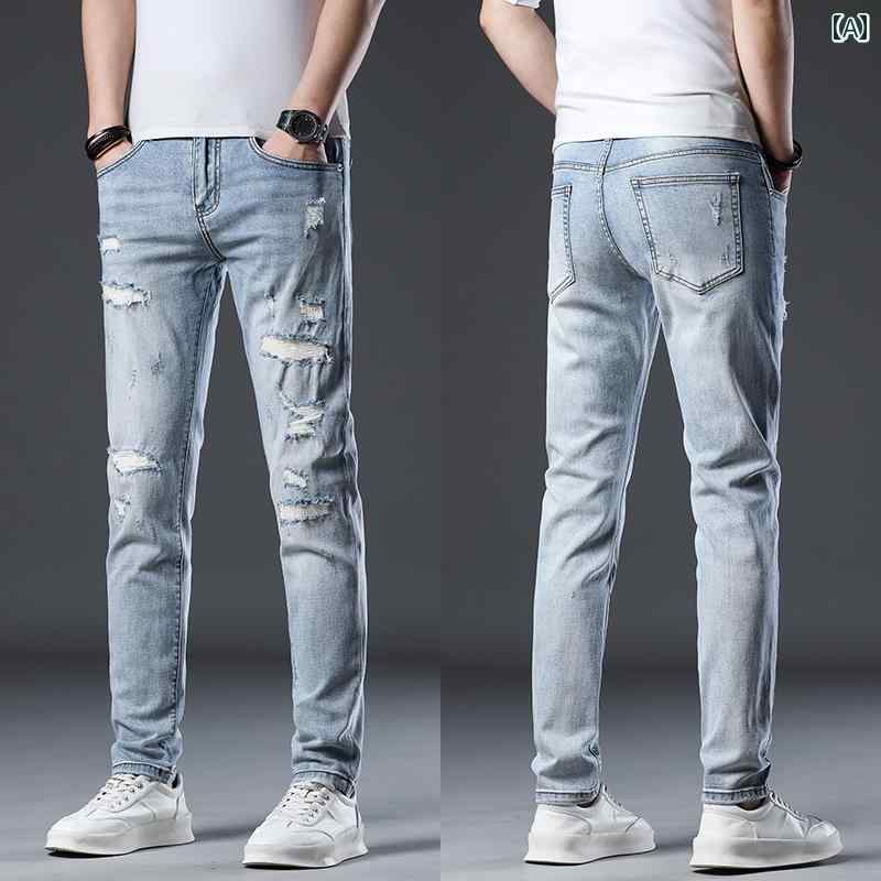 デニムパンツ 2024 春夏 メンズ おしゃれ着 Gパン カジュアル 薄手 ダメージ加工 ジーンズ レトロ ストレッチ スリム フィート ミディアムローウエスト