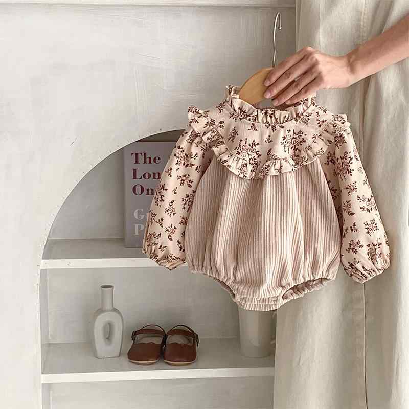 春 韓国スタイル ベビー コーデュロイ プリント スプライシング 長袖 フリル ナチュラルカラー 女の子 ..