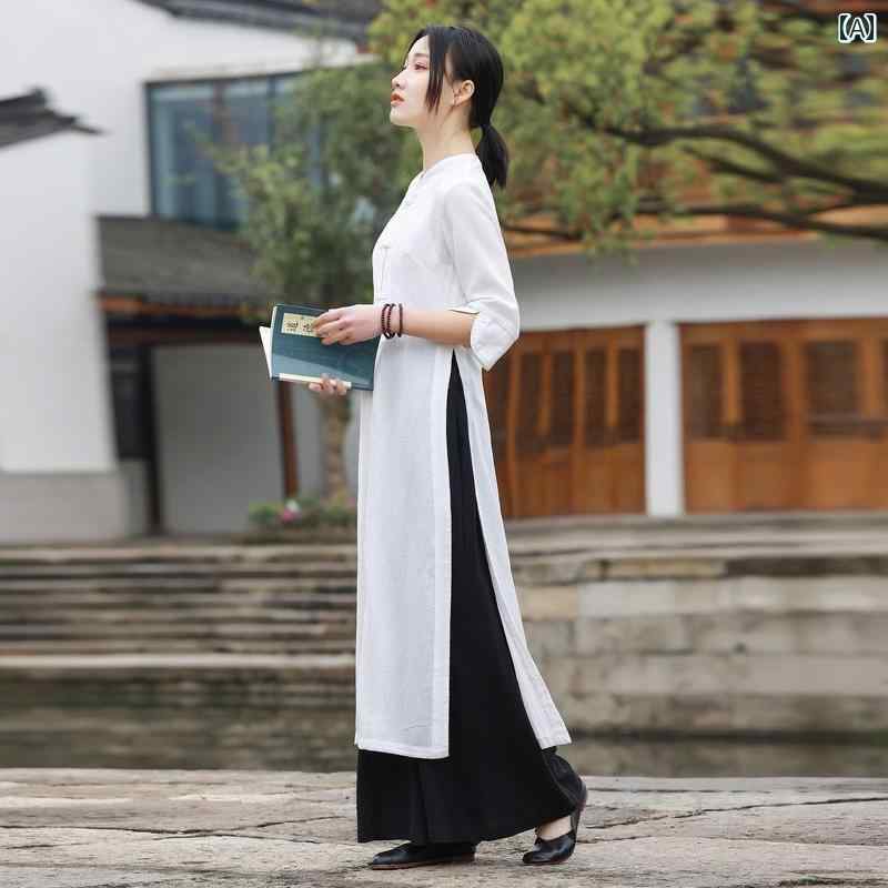 レディース ファッション 無地 瞑想服 チャイナ風 唐 仏教 禅風 婦人服 レトロ ドレス 女性用 茶師服 春夏 コットン ハイスリット ロング シンプル