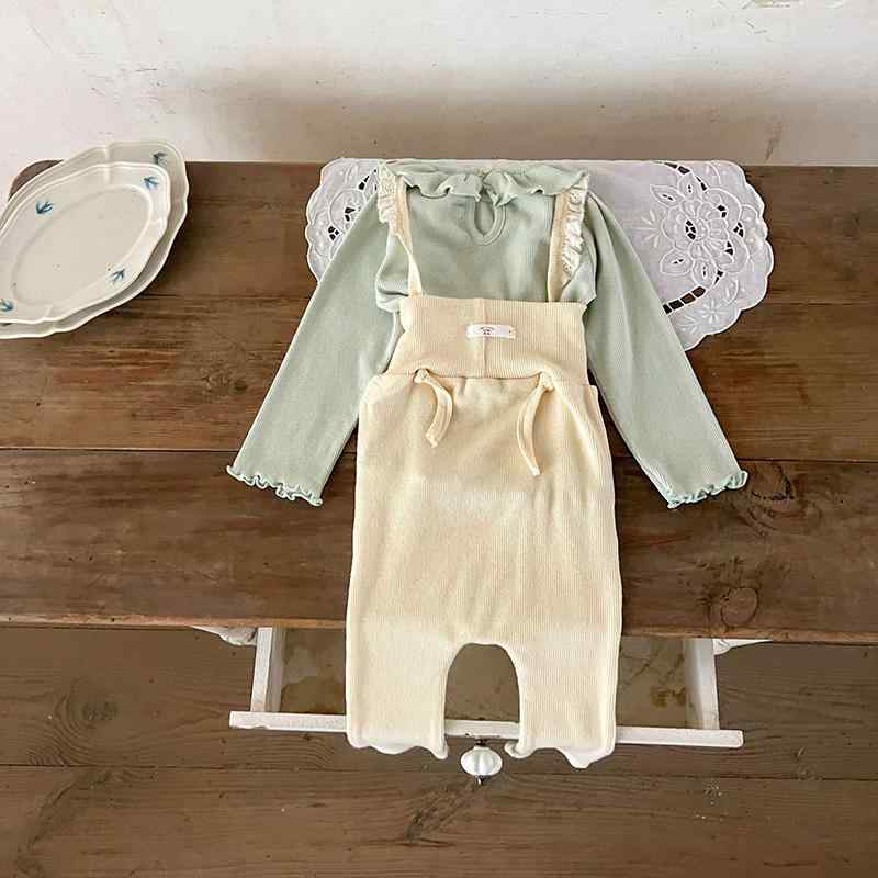 キッズ ベビー かわいい 春 韓国スタイル コットン フリル襟 シャツ レース ショルダーストラップ パンツ 女の子 セット レース肩紐 ティアードパンツ カントリー
