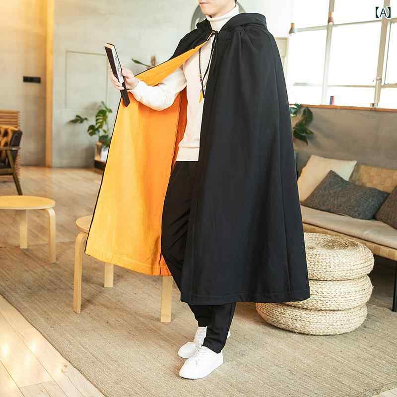 チャイニーズ スタイル メンズ トップス マント ガウン ロング カットソー シャツ フード付き レトロ チャイナ風 唐装 春夏秋 漢服 カジュアル 長袖 男女兼用 ユニセックス