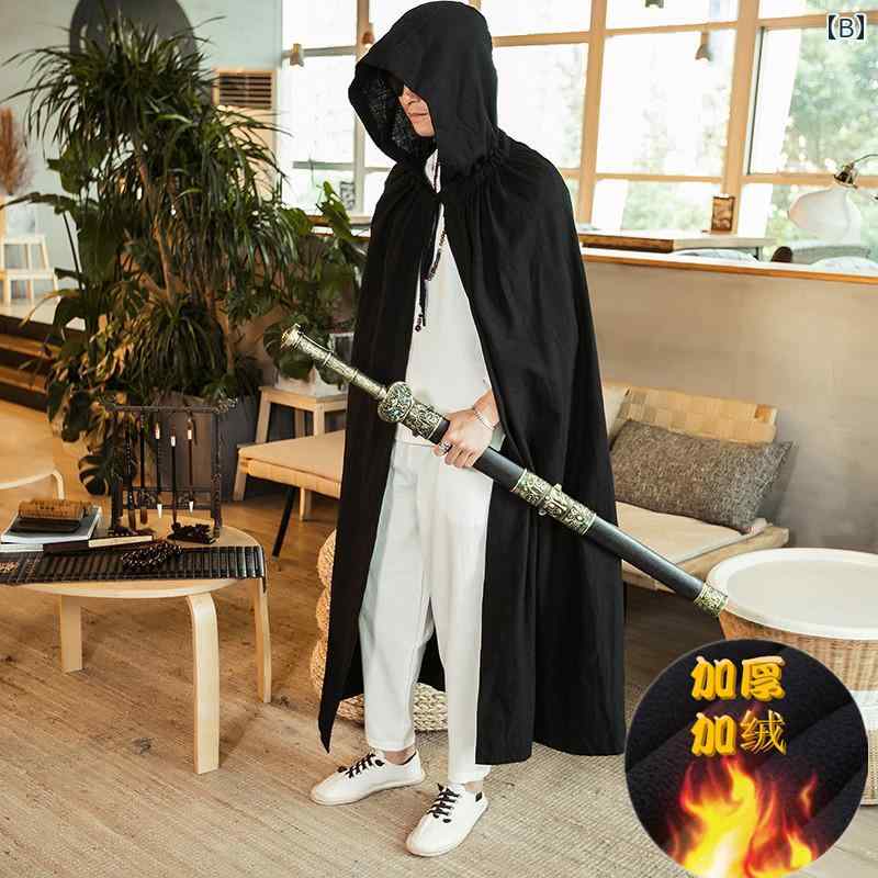 チャイニーズ スタイル メンズ トップス マント ガウン ロング カットソー シャツ フード付き レトロ チャイナ風 唐装 春夏秋 漢服 カジュアル 長袖 男女兼用 ユニセックス