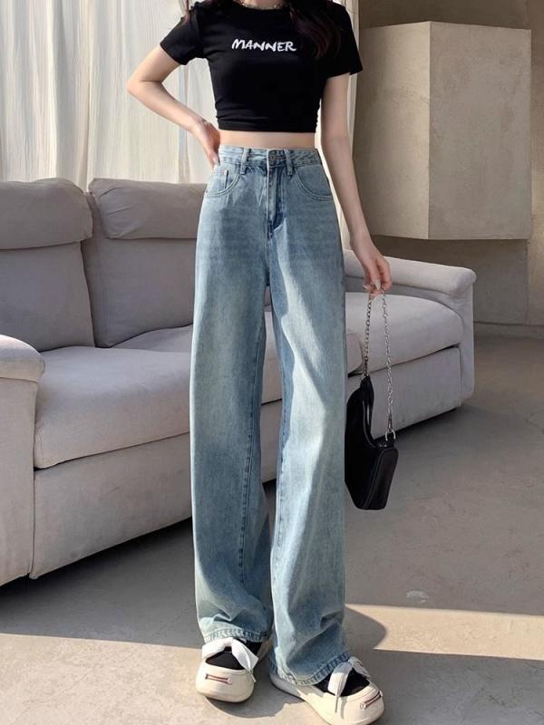 ジーンズ デニムパンツ カジュアル レディース レトロ ナロー 女性用 ハイウエスト ストレート 春 カバー スリム ワイドレッグ パンツ