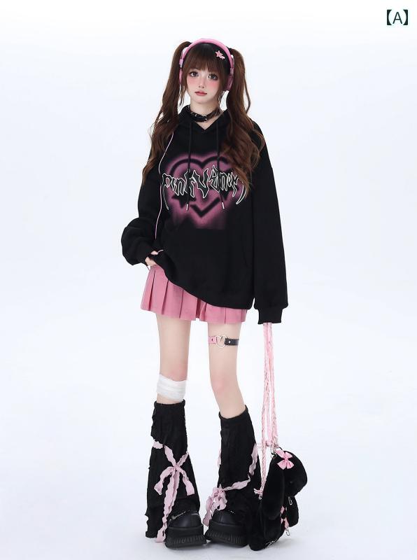 Garments - レディース ゴスロリ ロリータ ガーリー オーバーサイズ クール レトロ カジュアル フード付き スウェット 春