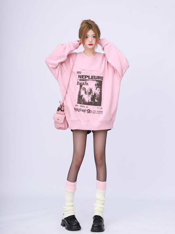 アメリカン レトロ プリント ピンク ラウンドネック スウェットシャツ レディース 春秋 フードレス プルオーバー 長袖 カジュアル トップス