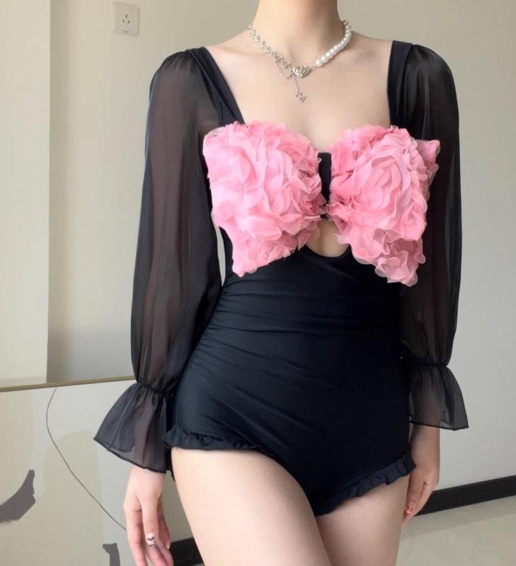 ワンピース 水着 レディース かわいい 夏 プール ビーチ カジュアル 長袖 三角 ブラック 黒 魅惑的