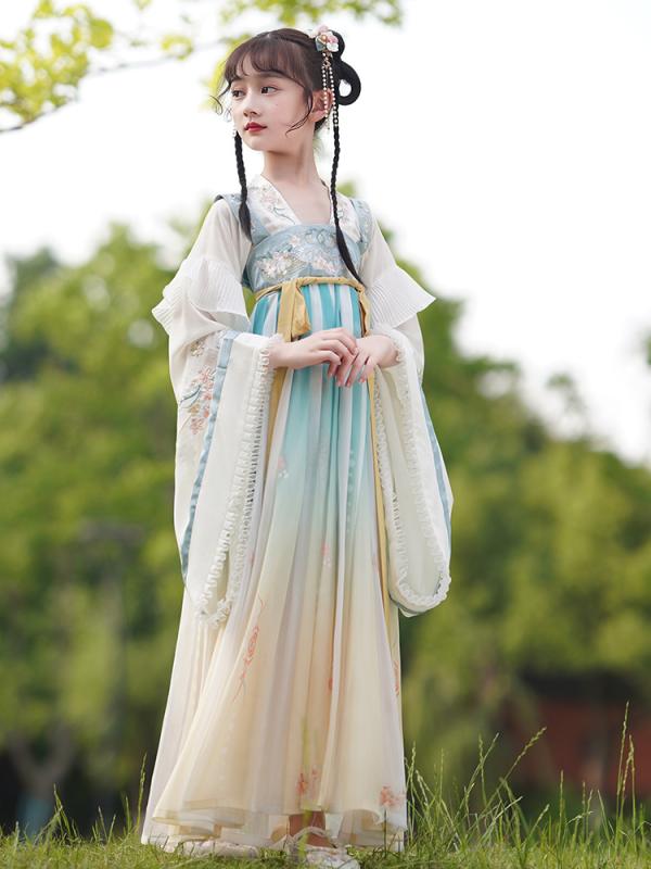 楽天way-ugoワンピース キッズ 女の子 中国風 漢服 唐装 古風 プリンセス 幻想的 華やか イベント 発表会 シフォン素材 ポリエステル 袖取り外し可能 2way仕様 長袖 半袖 ロング丈