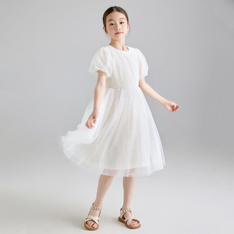 ワンピース 女の子 キッズ プリンセスドレス 春夏 パフスリーブ チュール ロング丈 ボリューム 誕生日 パーティー 結婚式 発表会 セレモニー フォーマルドレス オフホワイト アイボリー 上品 かわいい