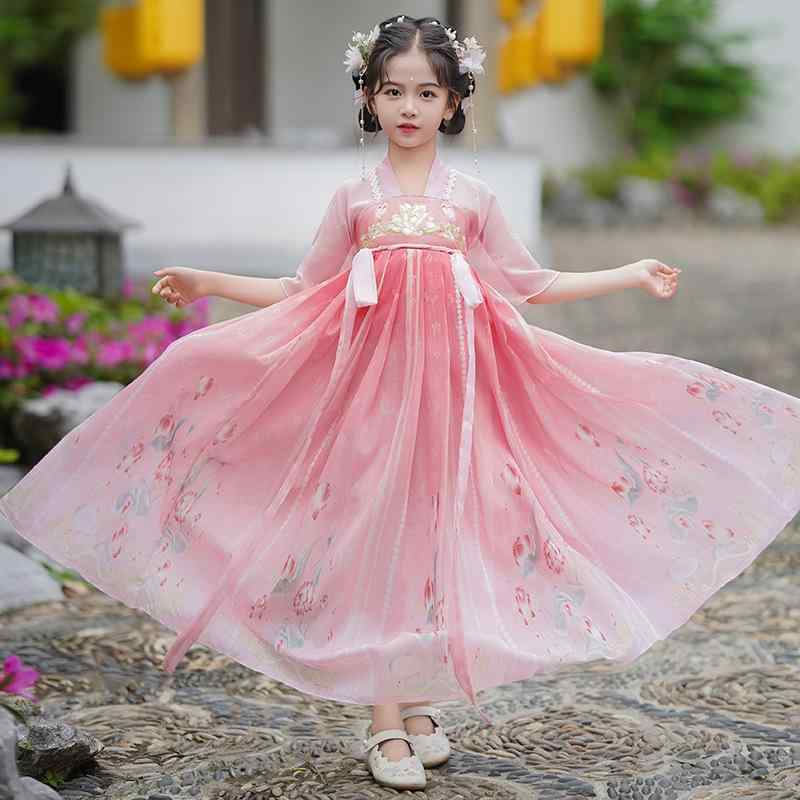 民族衣装 キッズ 女の子 夏 ワンピース 中国伝統 漢服 唐装 古風 お姫様風 ハイウエスト 花柄 シフォン..