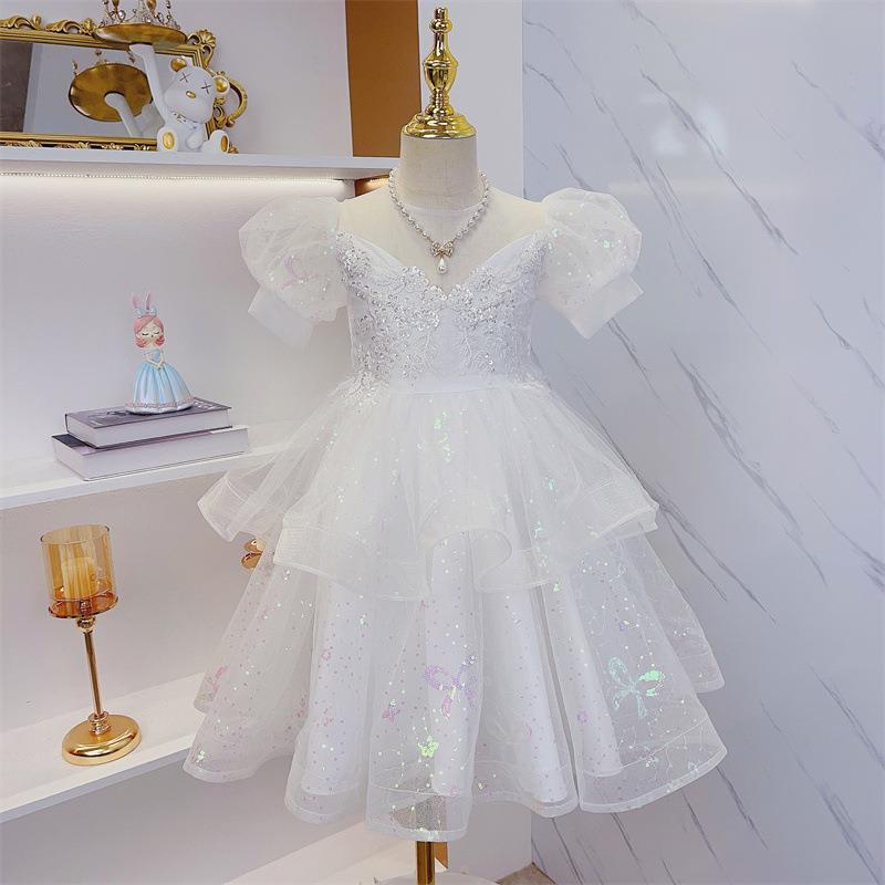 ワンピース 女の子 キッズ ドレス パフスリーブ プリンセス フラワーガール 発表会 結婚式 パーティー フォーマル スイート かわいい ポリエステル 春夏 ホワイト シャンパンカラー