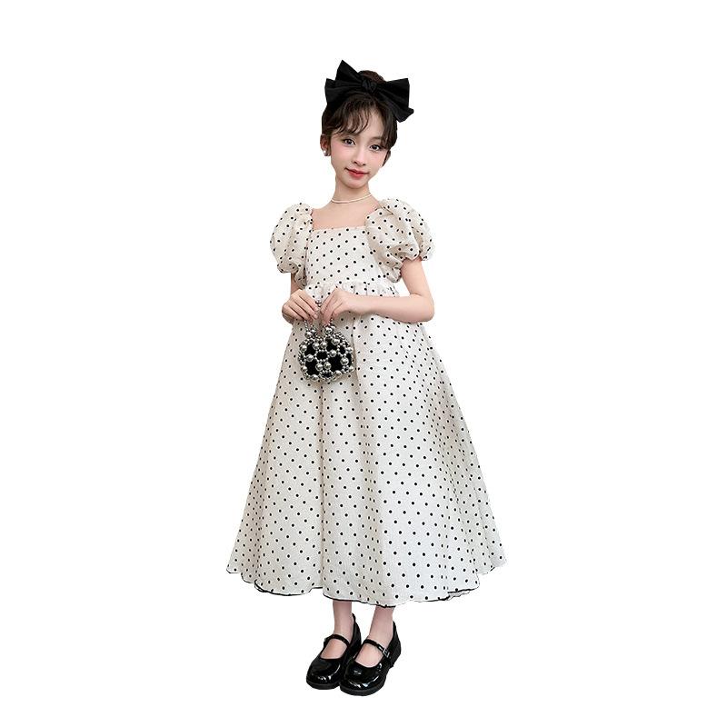 ワンピース 女の子 ガールズ 春夏 高級感 上品 エレガント 清楚 かわいい フォーマルドレス ロング丈 パフスリーブ 半袖 フリル 総柄ドット柄 プリンセスライン Aライン ポリエステル ベージュ アイボリー