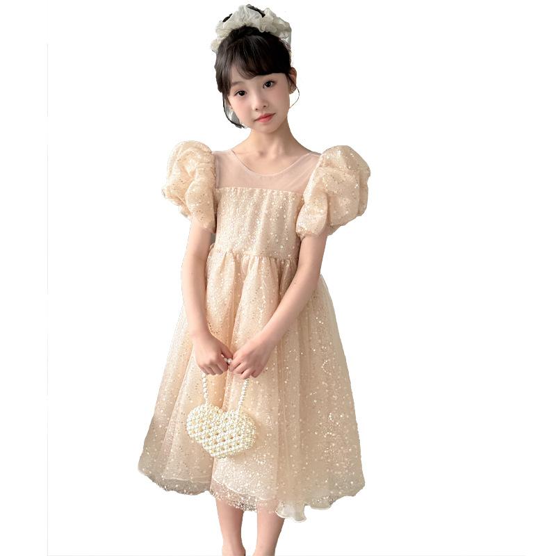 ワンピース キッズ 女の子 プリンセス パフスリーブ チュールドレス 韓国風 フォーマル 発表会 演奏会 セレモニー 結婚式 パーティ 上品 華やか おしゃれ かわいい 半袖 春夏 ジュニア ピンク アプリコット ポリエステル