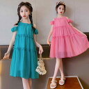 ワンピース 女の子 ジュニア 夏 韓国風 オフショルダー ホルターネック ティアード プリンセスライン ロング丈 花柄 かわいい ポリエステル 柔らかな肌触り