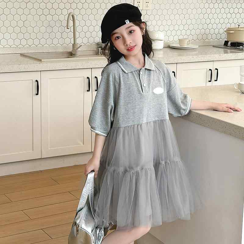楽天way-ugoワンピース 女の子 キッズ ジュニア 子供服 春夏 メッシュ チュール スクール風 カレッジスタイル プリンセスドレス フレア ロング丈 韓国風 オルチャンスタイル 綿 コットン ポリエステル ソフト 柔らかい かわいい 上品 ホワイト グレー
