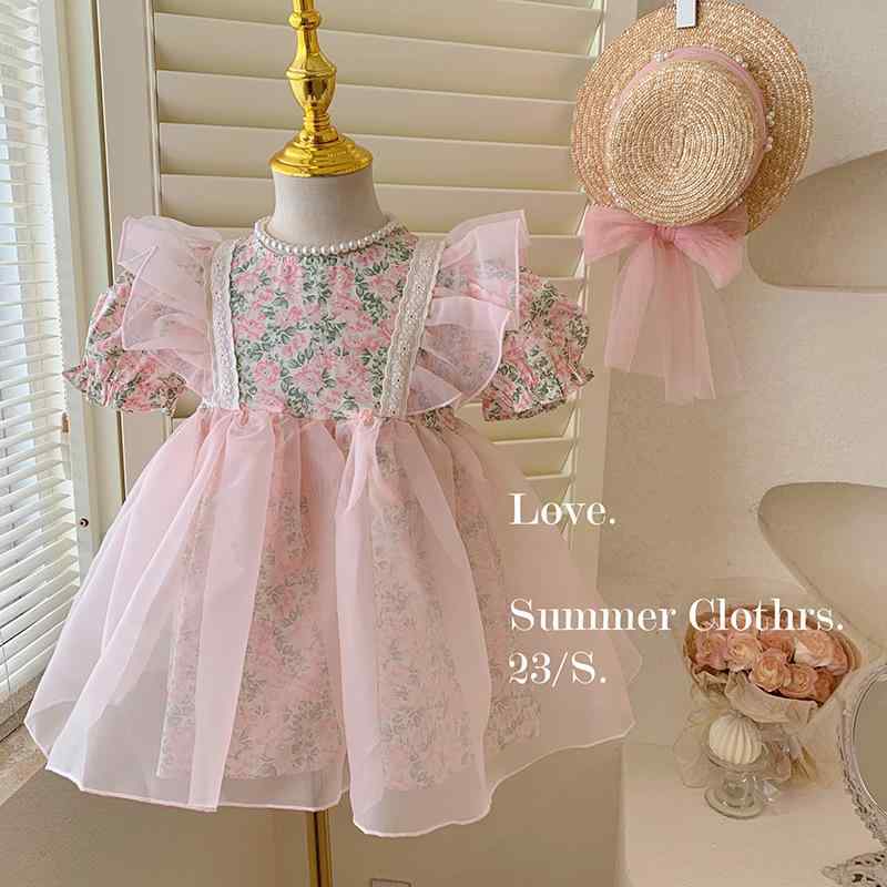 ワンピース キッズ 女の子 小花柄 プリンセスドレス 韓国風 パフスリーブ 綿混 Aライン ふんわり袖 かわいい おしゃれ 上品 ピンク 春夏 お出かけ 日常使い 子供服