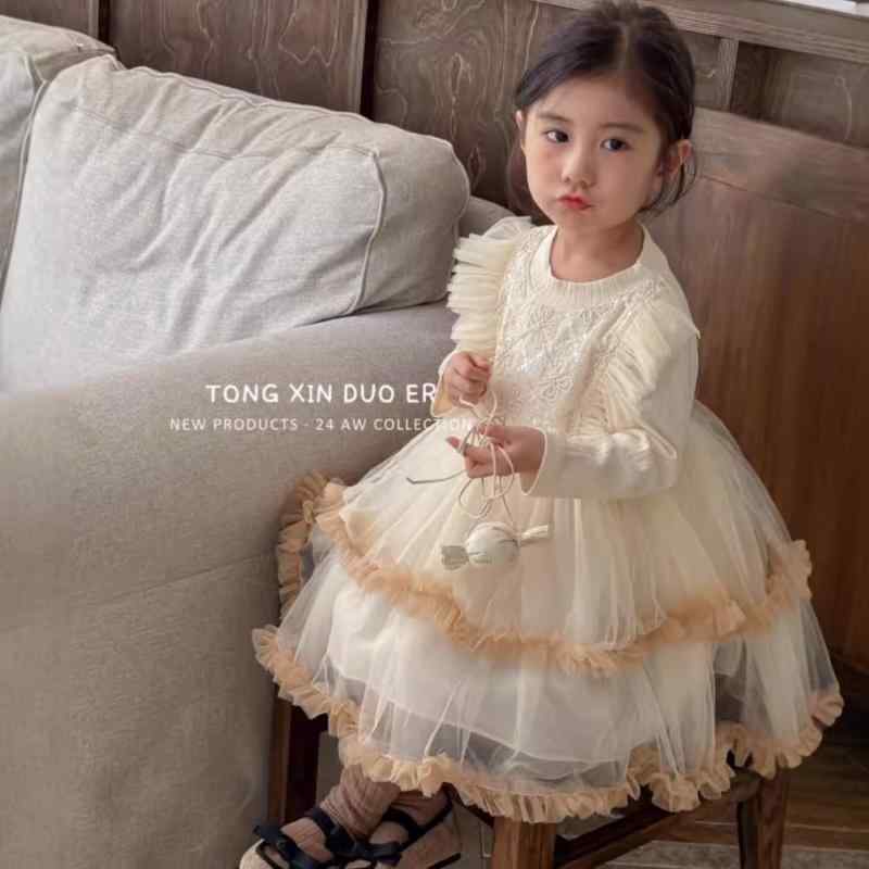 ワンピース 女の子 女児 秋冬 長袖 手刺繍 チュチュスカート ふんわり エレガント 上品 プリンセスライ..